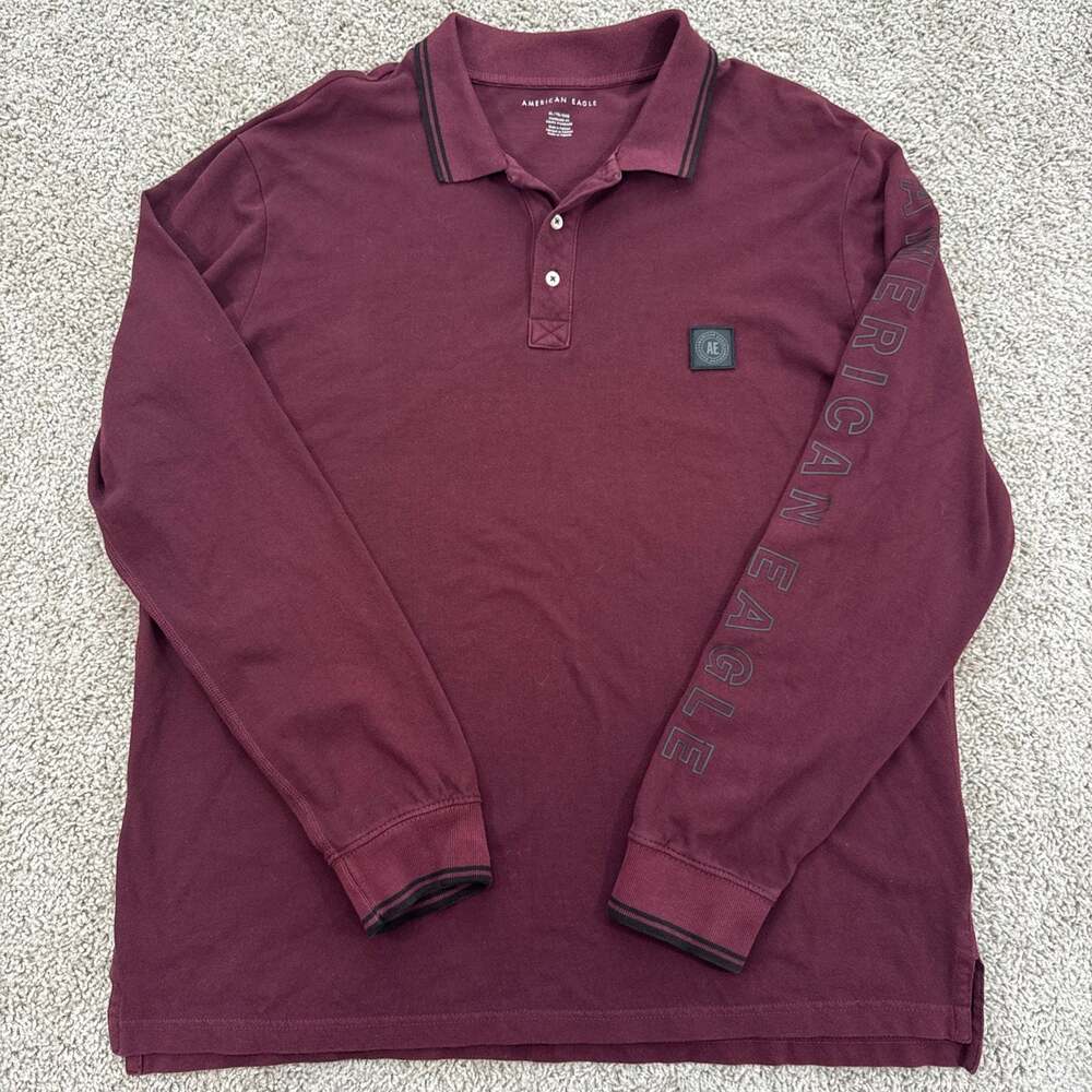 American Eagle Outfitters Men's XL Burgundy Long Sleeve Graphic Polo Shirt EUC